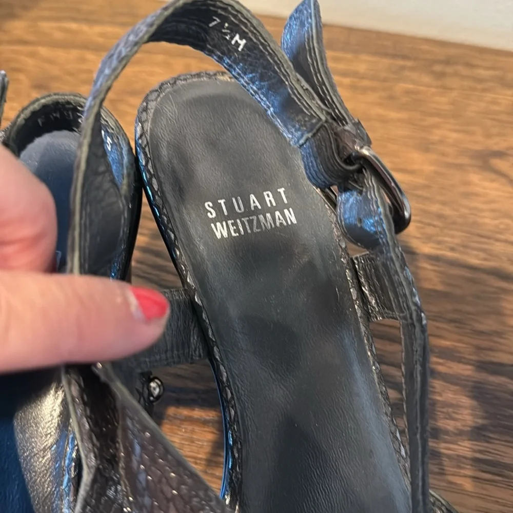 Stuart Weitzman‎ Metallic Pewter Strappy Studded Party Statement Heels Size  7.5